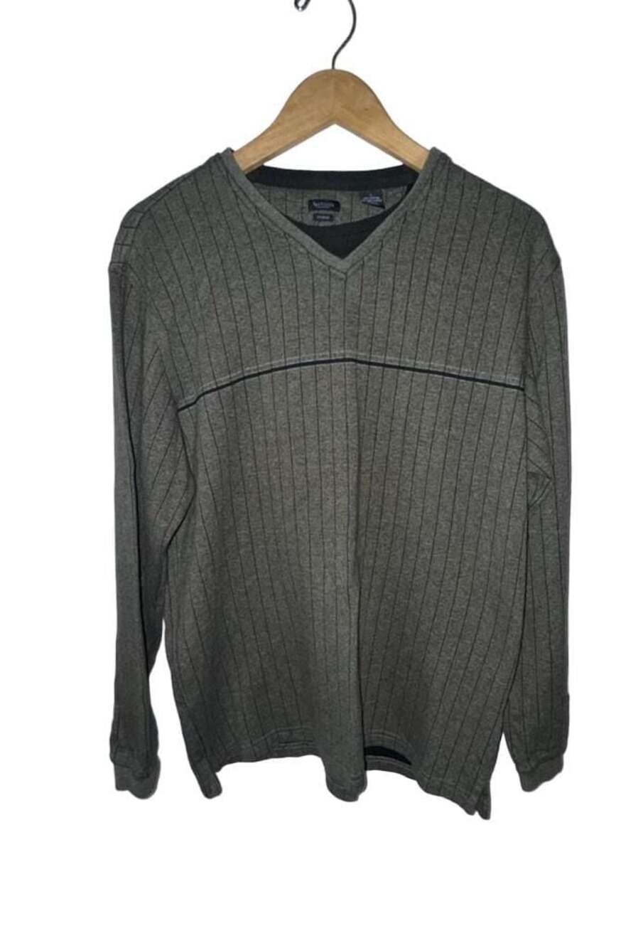 Van Heusen Studio Men's Green Ribbed V-Neck Striped Long Sleeve Sweater Size L
